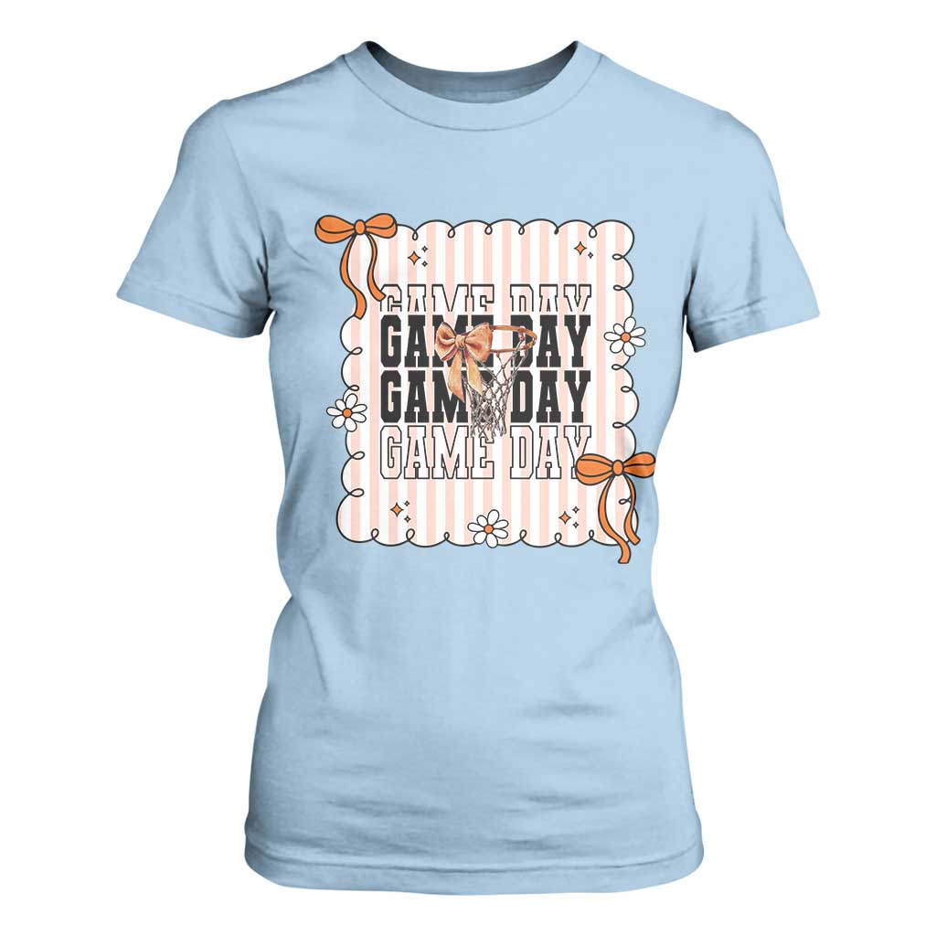 Basketball Game Day T Shirt For Women Retro Coquette Bow Gift For Sport Lovers TS12 Light Blue Print Your Wear