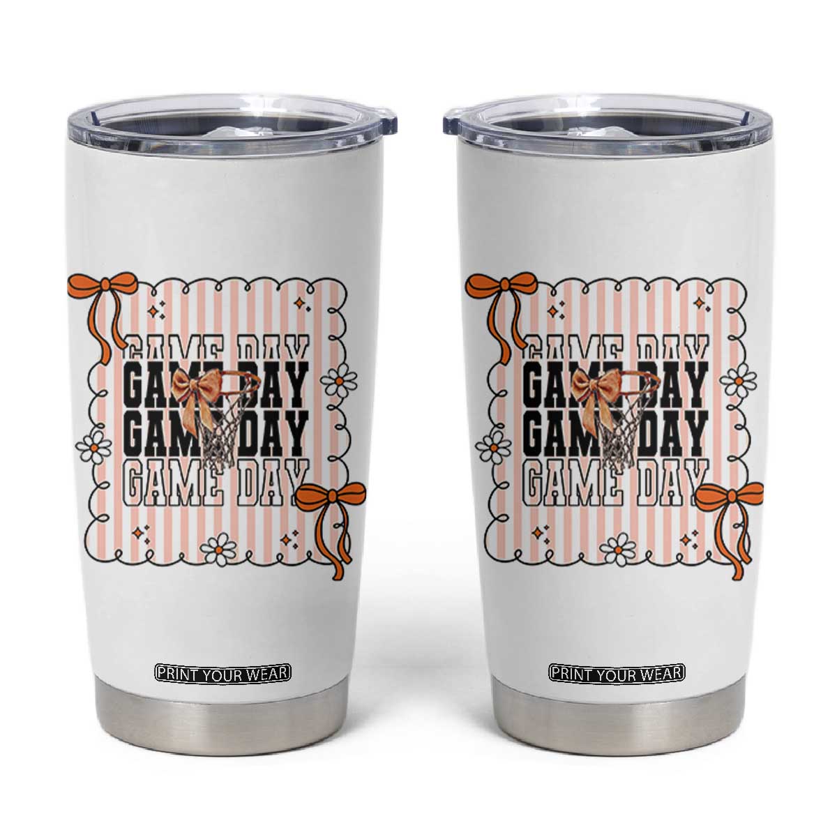 Basketball Game Day Tumbler Cup Retro Coquette Bow Gift For Sport Lovers - Print Your Wear