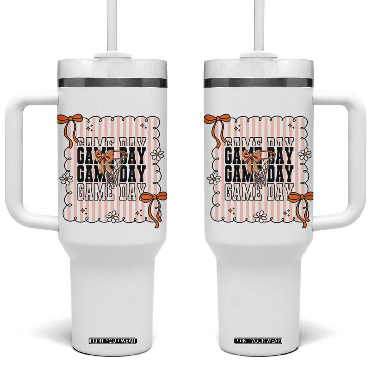 Basketball Game Day Tumbler With Handle Retro Coquette Bow Gift For Sport Lovers TS12 One Size: 40 oz White Print Your Wear