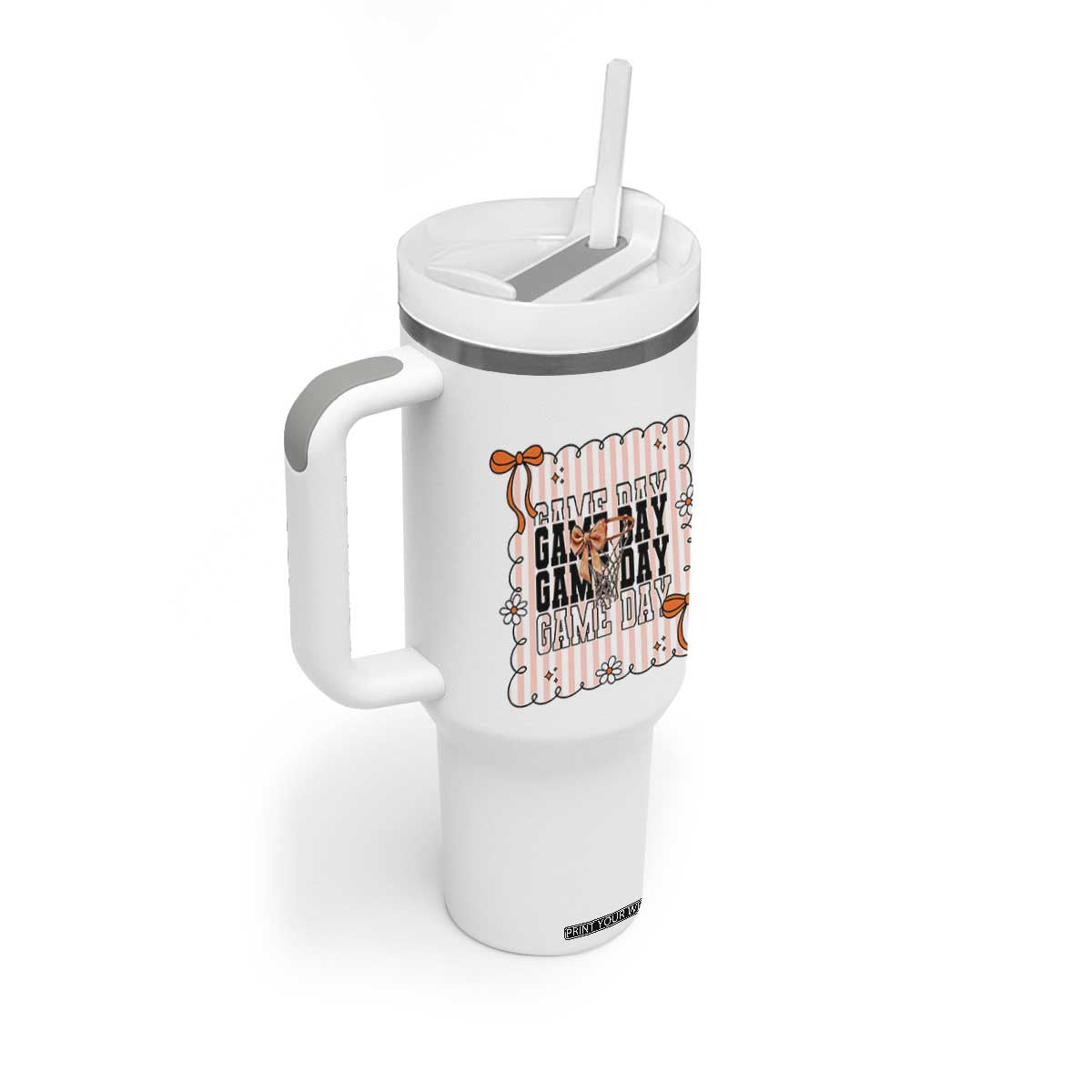 Basketball Game Day Tumbler With Handle Retro Coquette Bow Gift For Sport Lovers TS12 Print Your Wear