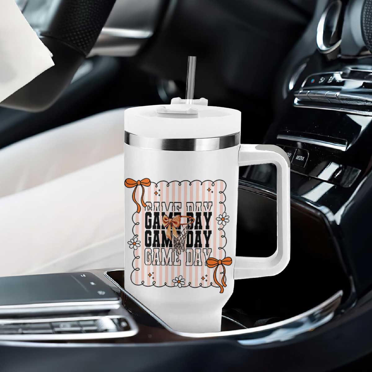 Basketball Game Day Tumbler With Handle Retro Coquette Bow Gift For Sport Lovers TS12 Print Your Wear