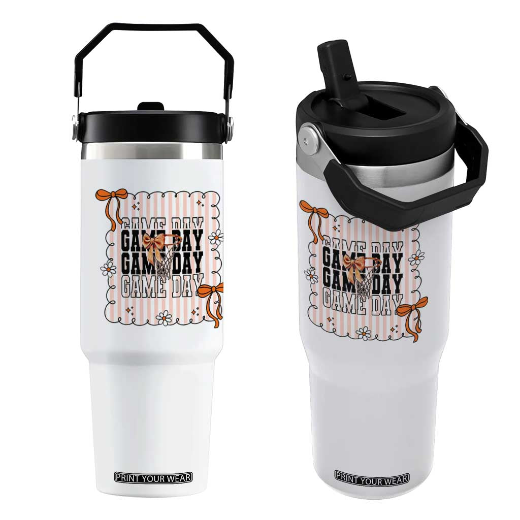 Basketball Game Day Flip Straw Tumbler Retro Coquette Bow Gift For Sport Lovers TS12 One Size: 30 oz White Print Your Wear