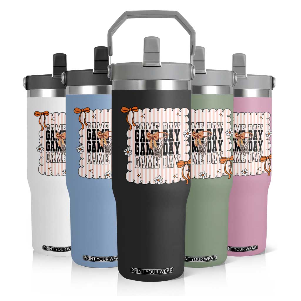 Basketball Game Day Flip Straw Tumbler Retro Coquette Bow Gift For Sport Lovers TS12 Print Your Wear