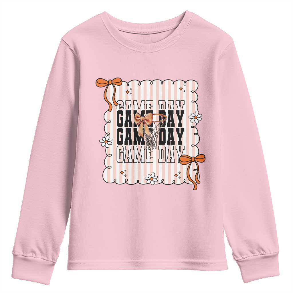 Basketball Game Day Youth Sweatshirt Retro Coquette Bow Gift For Sport Lovers TS12 Light Pink Print Your Wear