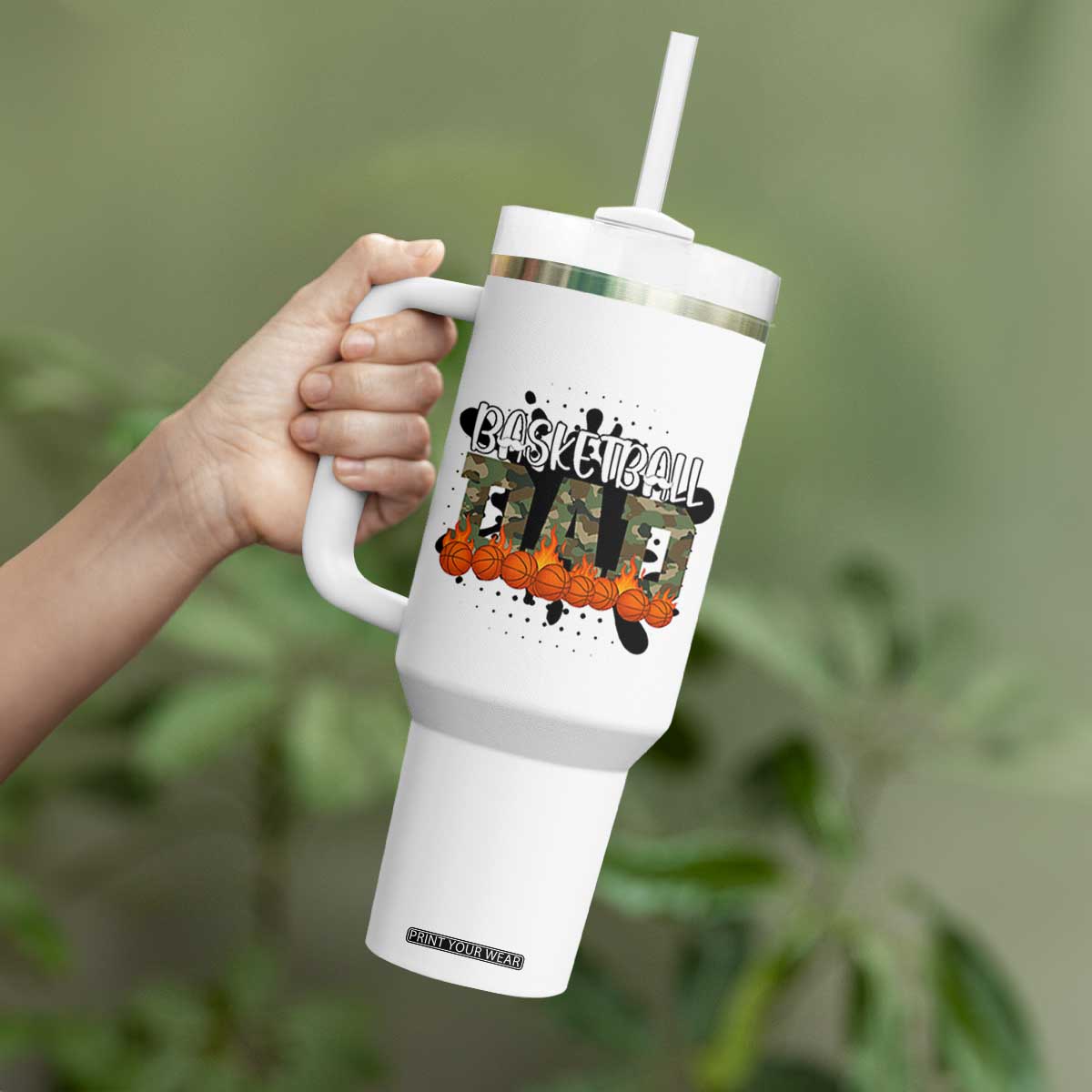 Basketball Dad Tumbler With Handle Camouflage Flame Graphic For Sport Lover TS12 Print Your Wear