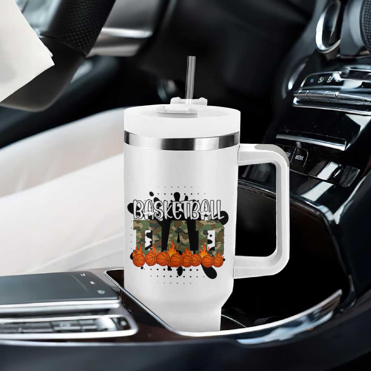 Basketball Dad Tumbler With Handle Camouflage Flame Graphic For Sport Lover TS12 Print Your Wear