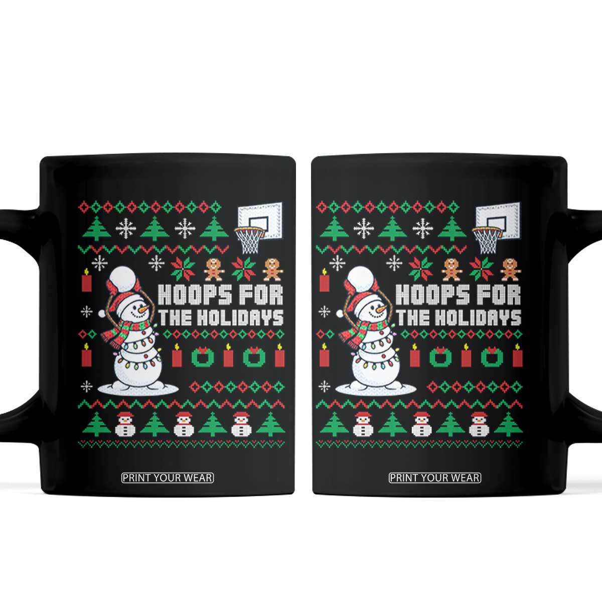 Funny Christmas Basketball Snowmen Coffee Mug Hoops For The Holidays Ugly Sweater TS12 Black Print Your Wear