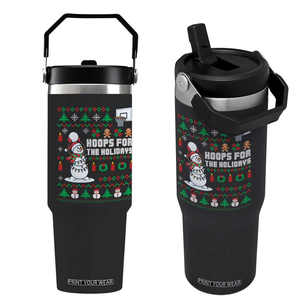 Funny Christmas Basketball Snowmen Flip Straw Tumbler Hoops For The Holidays Ugly Sweater TS12 One Size: 30 oz Black Print Your Wear