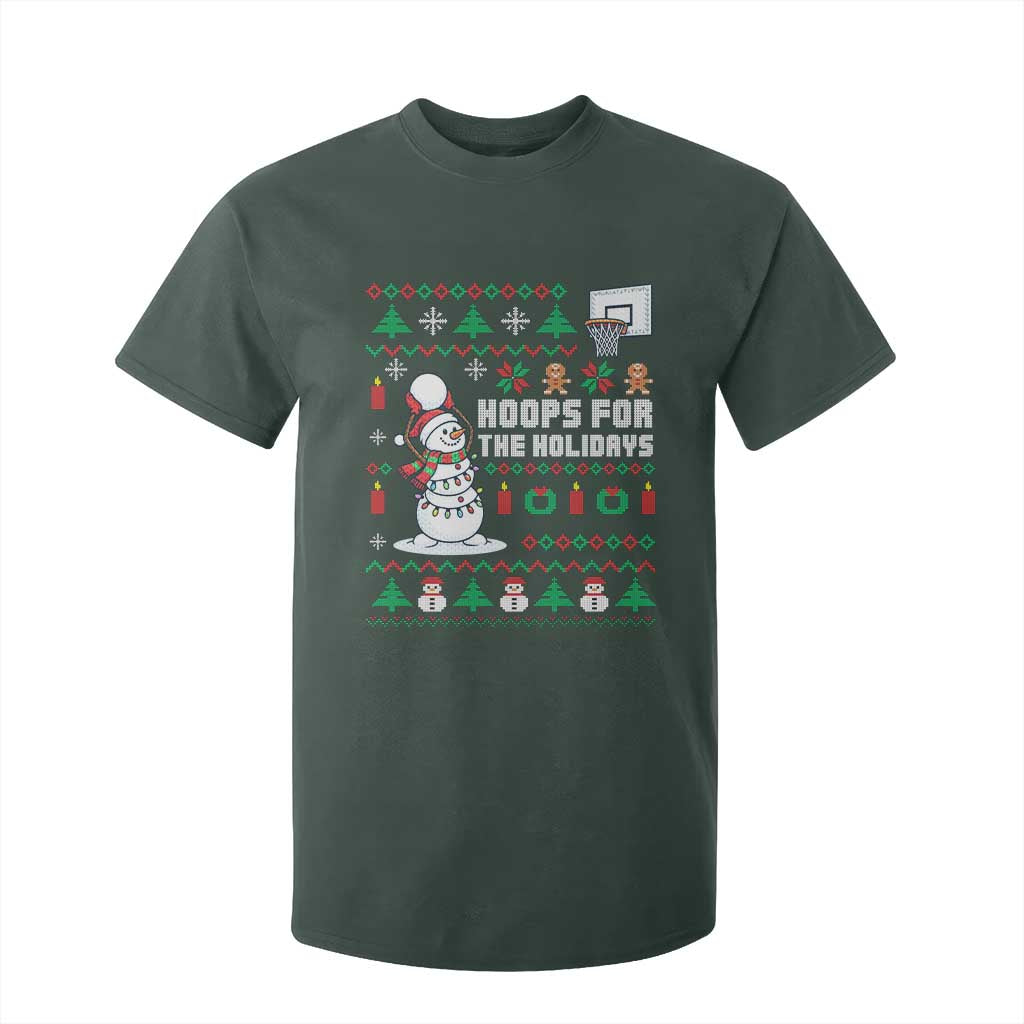 Funny Christmas Basketball Snowmen T Shirt For Kid Hoops For The Holidays Ugly Sweater TS12 Dark Forest Green Print Your Wear