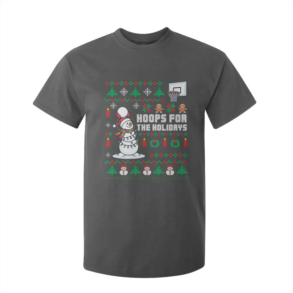 Funny Christmas Basketball Snowmen T Shirt For Kid Hoops For The Holidays Ugly Sweater TS12 Dark Heather Print Your Wear