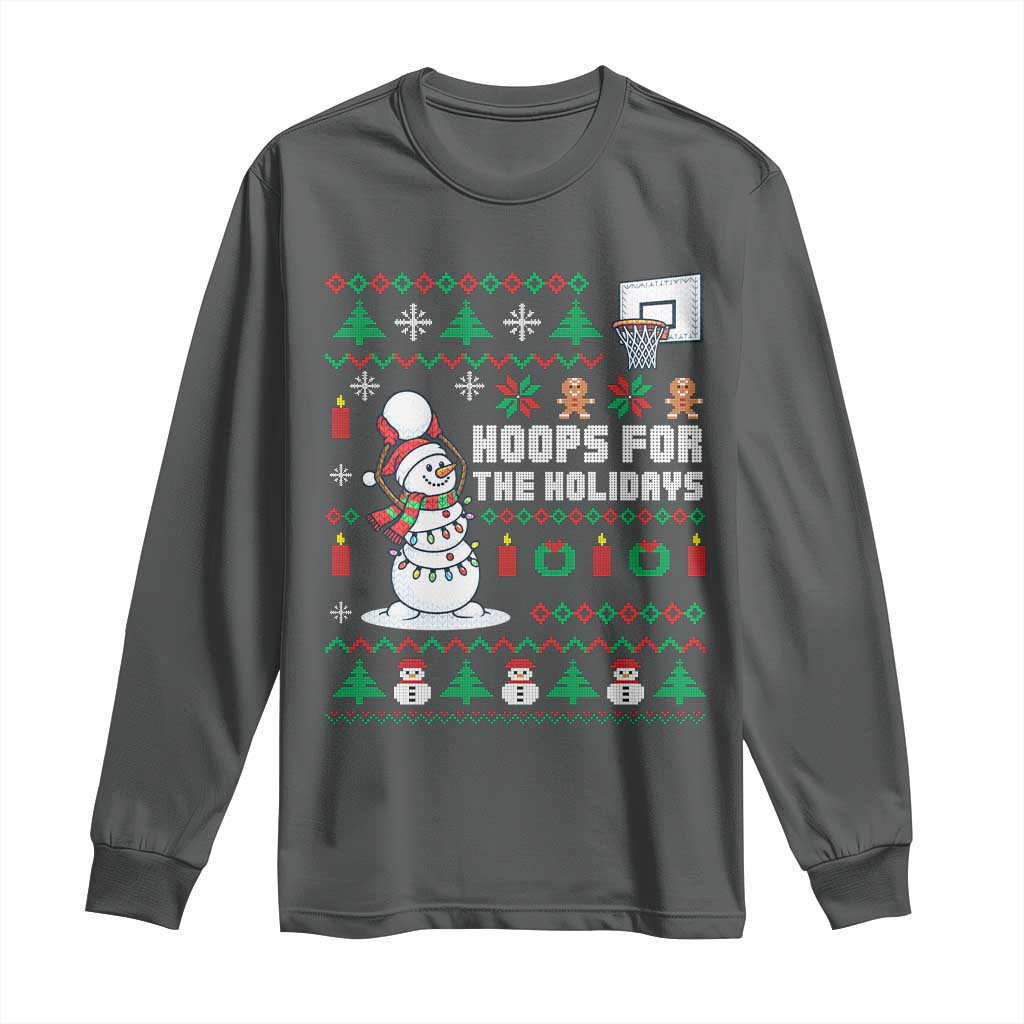 Funny Christmas Basketball Snowmen Long Sleeve Shirt Hoops For The Holidays Ugly Sweater TS12 Dark Heather Print Your Wear