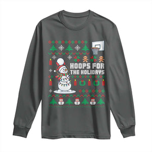 Funny Christmas Basketball Snowmen Long Sleeve Shirt Hoops For The Holidays Ugly Sweater TS12 Dark Heather Print Your Wear