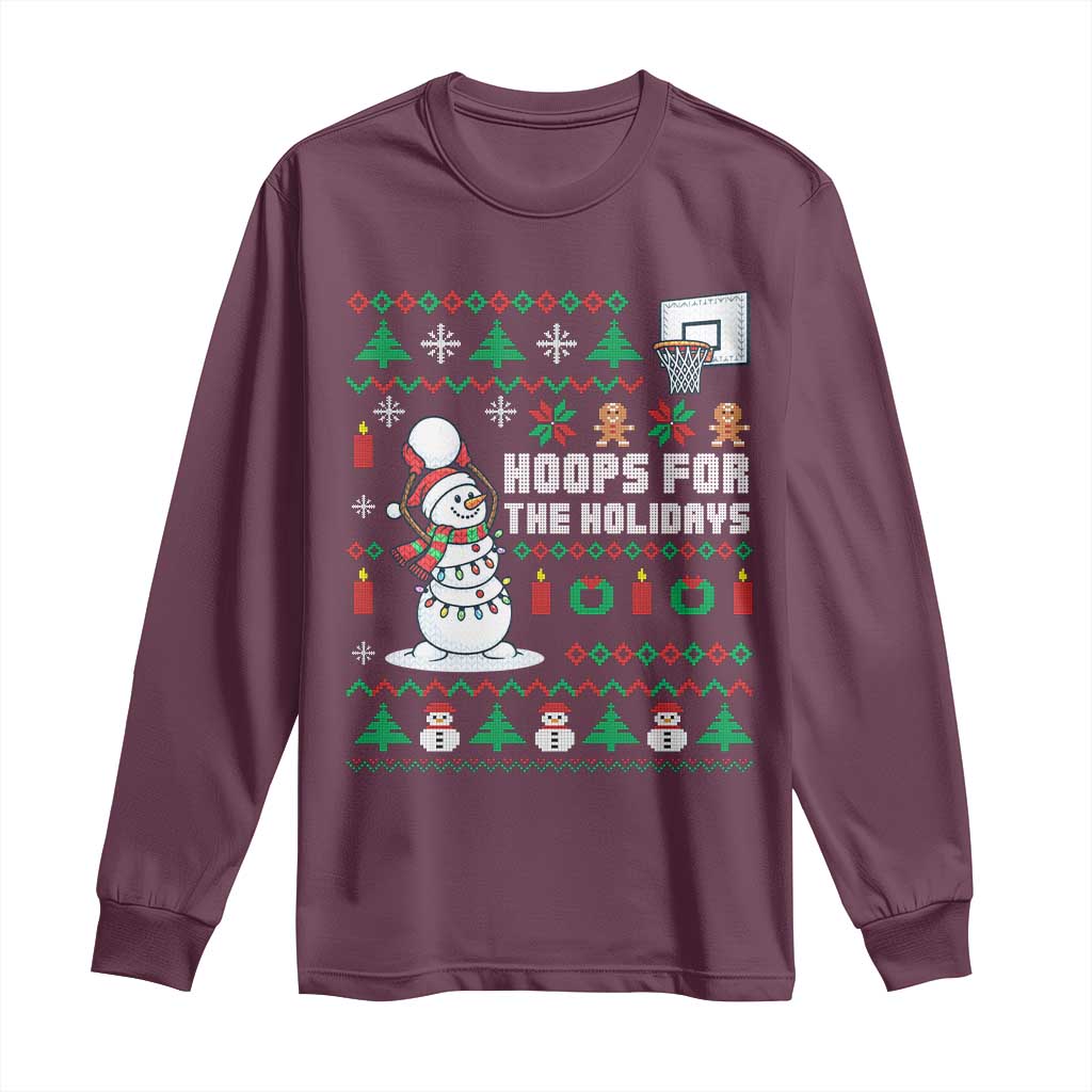 Funny Christmas Basketball Snowmen Long Sleeve Shirt Hoops For The Holidays Ugly Sweater TS12 Maroon Print Your Wear