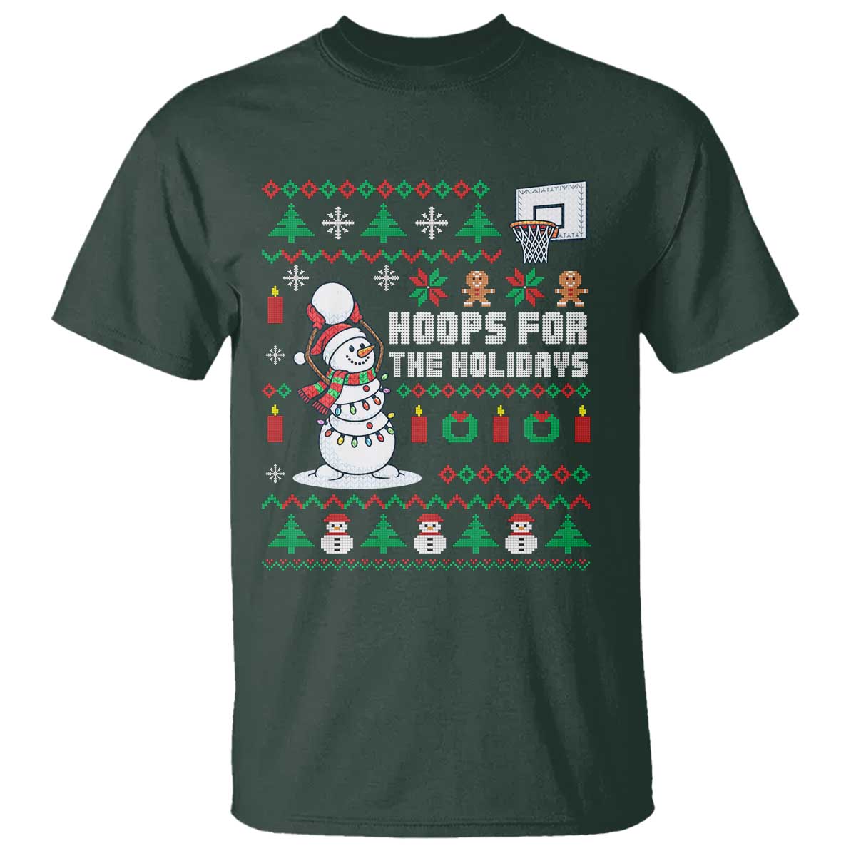 Funny Christmas Basketball Snowmen T Shirt Hoops For The Holidays Ugly Sweater TS12 Dark Forest Green Print Your Wear