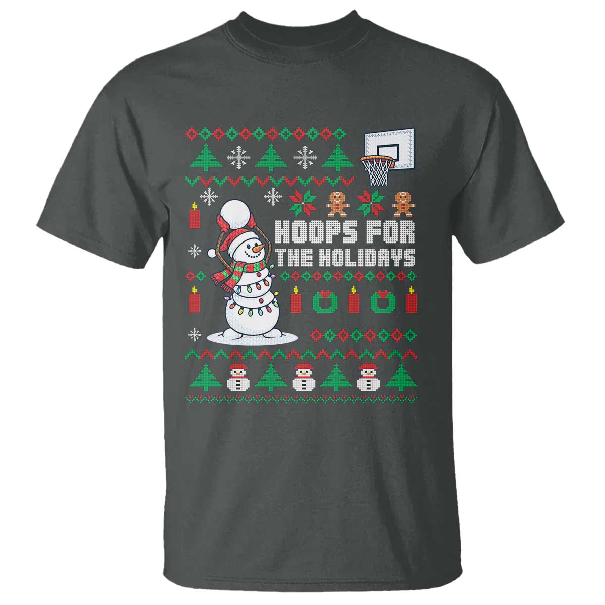 Funny Christmas Basketball Snowmen T Shirt Hoops For The Holidays Ugly Sweater TS12 Dark Heather Print Your Wear