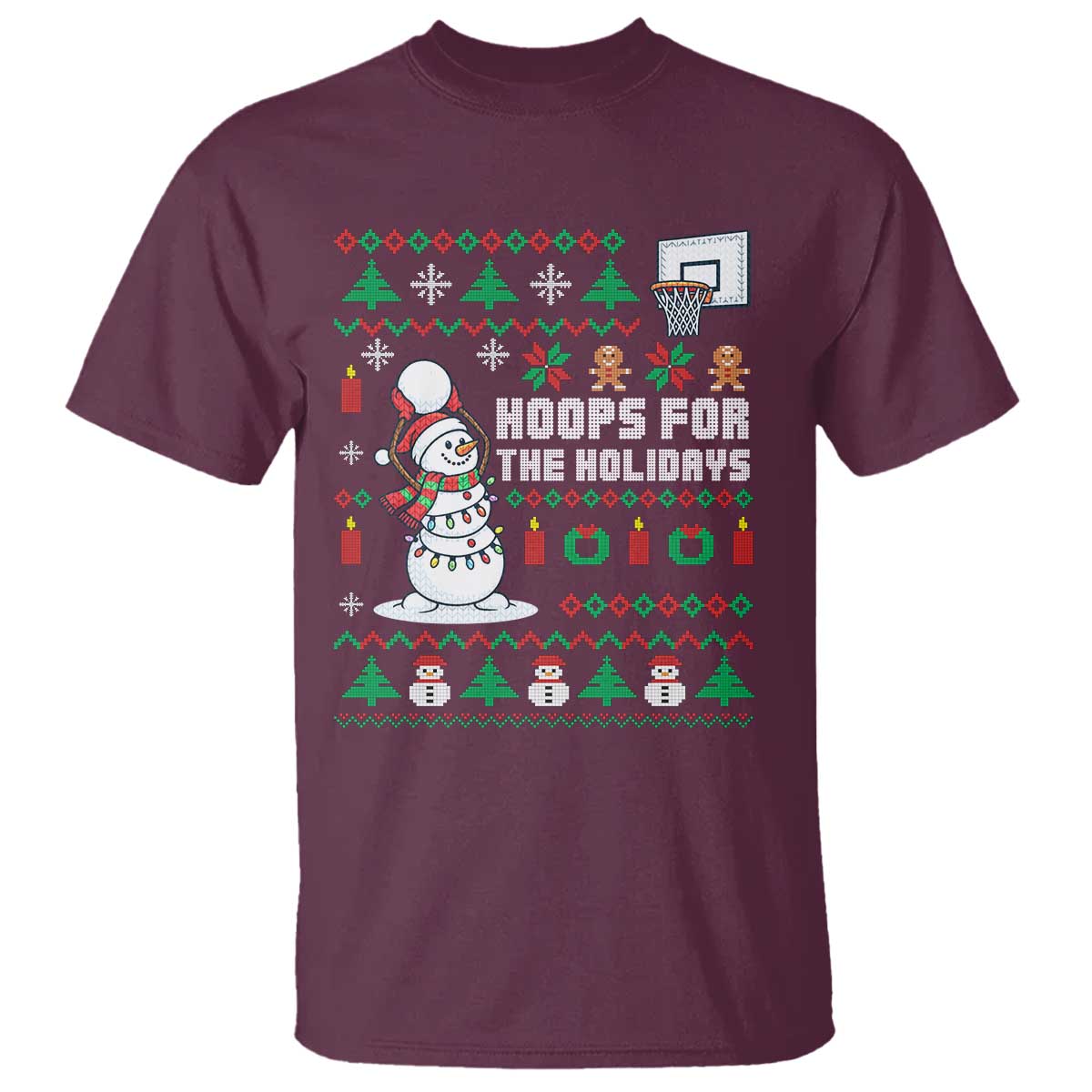 Funny Christmas Basketball Snowmen T Shirt Hoops For The Holidays Ugly Sweater TS12 Maroon Print Your Wear