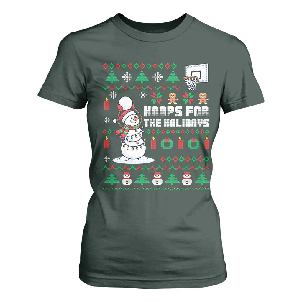 Funny Christmas Basketball Snowmen T Shirt For Women Hoops For The Holidays Ugly Sweater TS12 Dark Forest Green Print Your Wear
