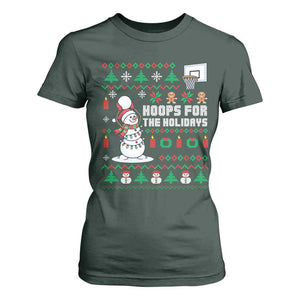 Funny Christmas Basketball Snowmen T Shirt For Women Hoops For The Holidays Ugly Sweater TS12 Dark Forest Green Print Your Wear