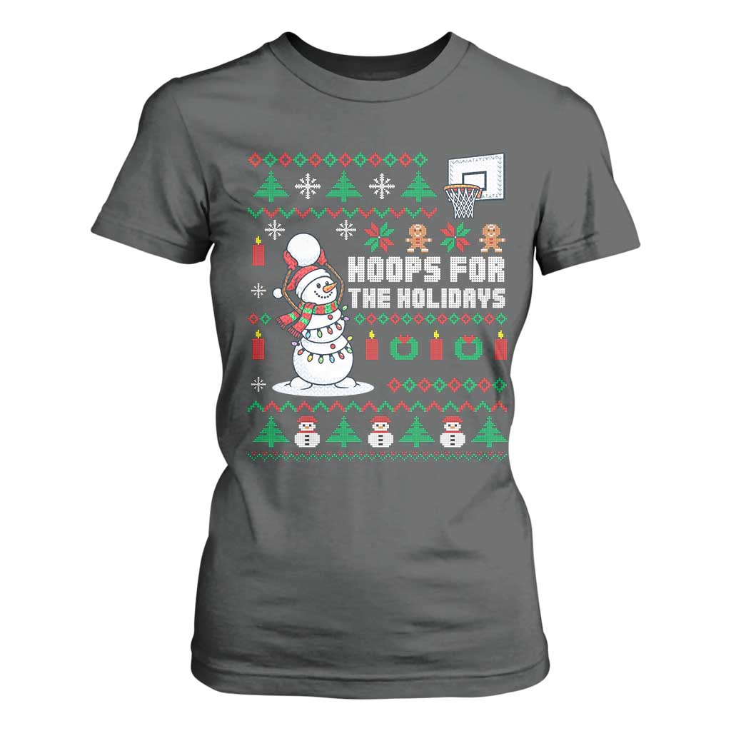 Funny Christmas Basketball Snowmen T Shirt For Women Hoops For The Holidays Ugly Sweater TS12 Dark Heather Print Your Wear