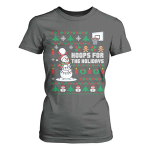 Funny Christmas Basketball Snowmen T Shirt For Women Hoops For The Holidays Ugly Sweater TS12 Dark Heather Print Your Wear