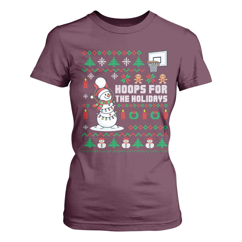 Funny Christmas Basketball Snowmen T Shirt For Women Hoops For The Holidays Ugly Sweater TS12 Maroon Print Your Wear