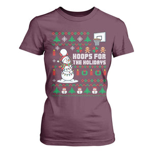 Funny Christmas Basketball Snowmen T Shirt For Women Hoops For The Holidays Ugly Sweater TS12 Maroon Print Your Wear