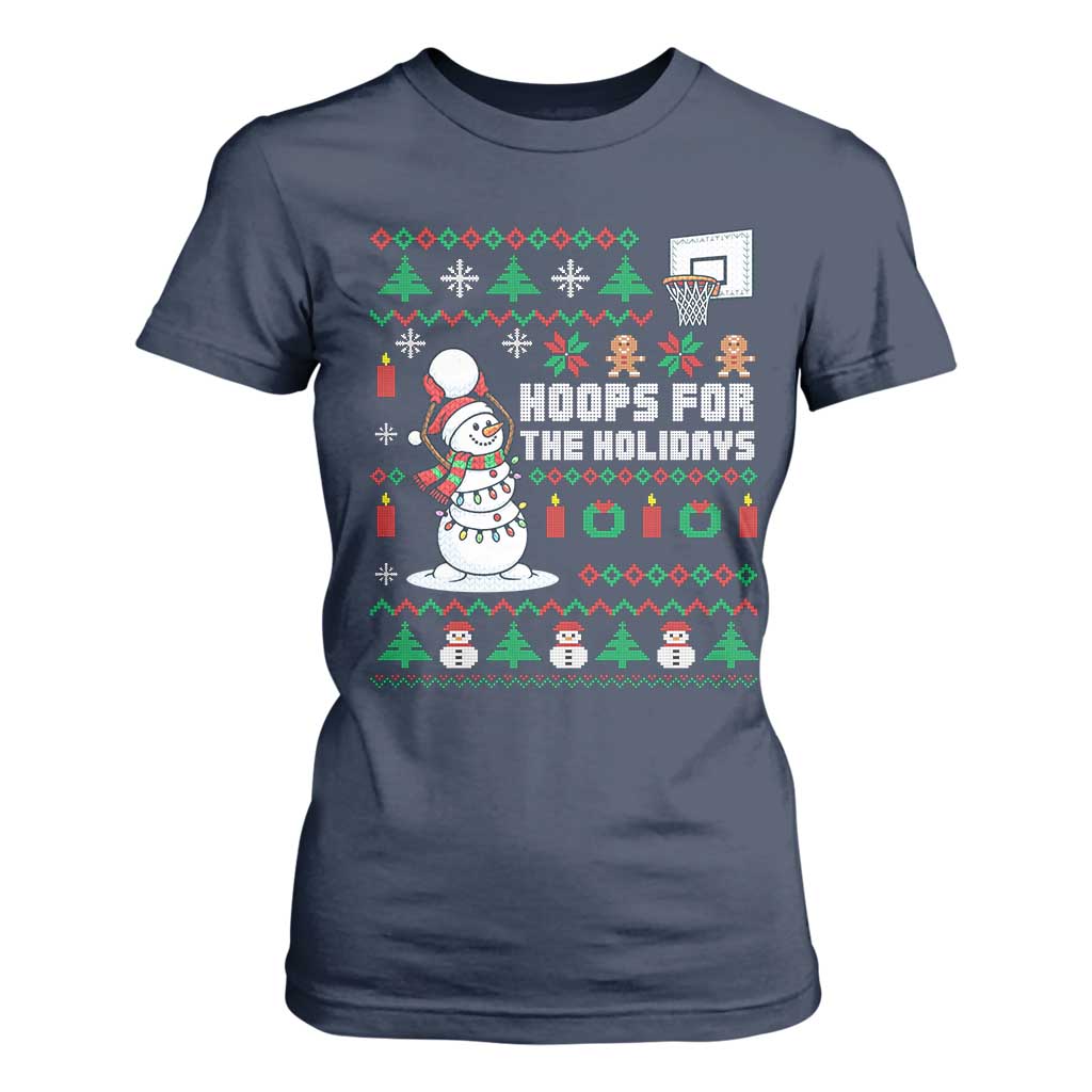 Funny Christmas Basketball Snowmen T Shirt For Women Hoops For The Holidays Ugly Sweater TS12 Navy Print Your Wear