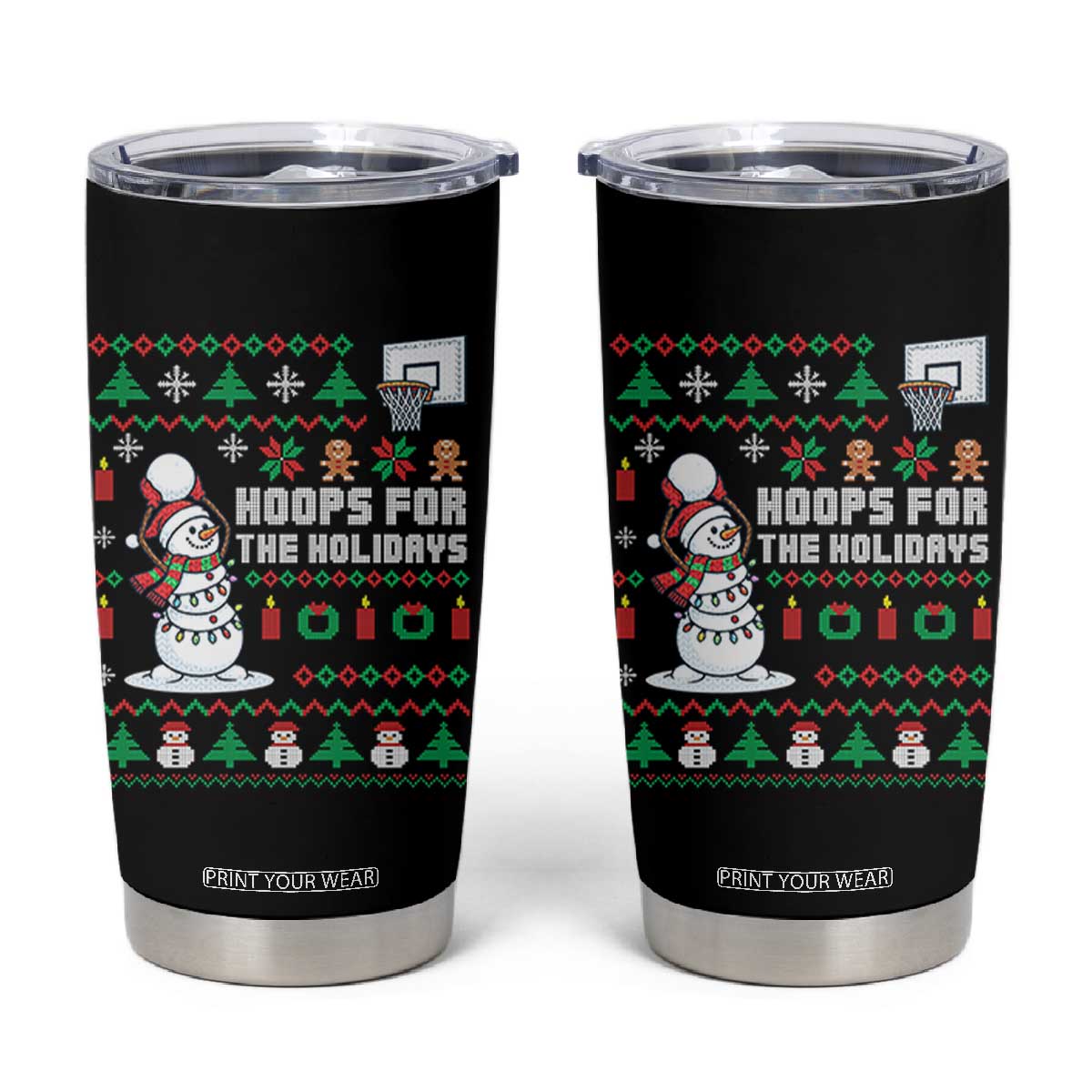 Funny Christmas Basketball Snowmen Tumbler Cup Hoops For The Holidays Ugly Sweater - Print Your Wear