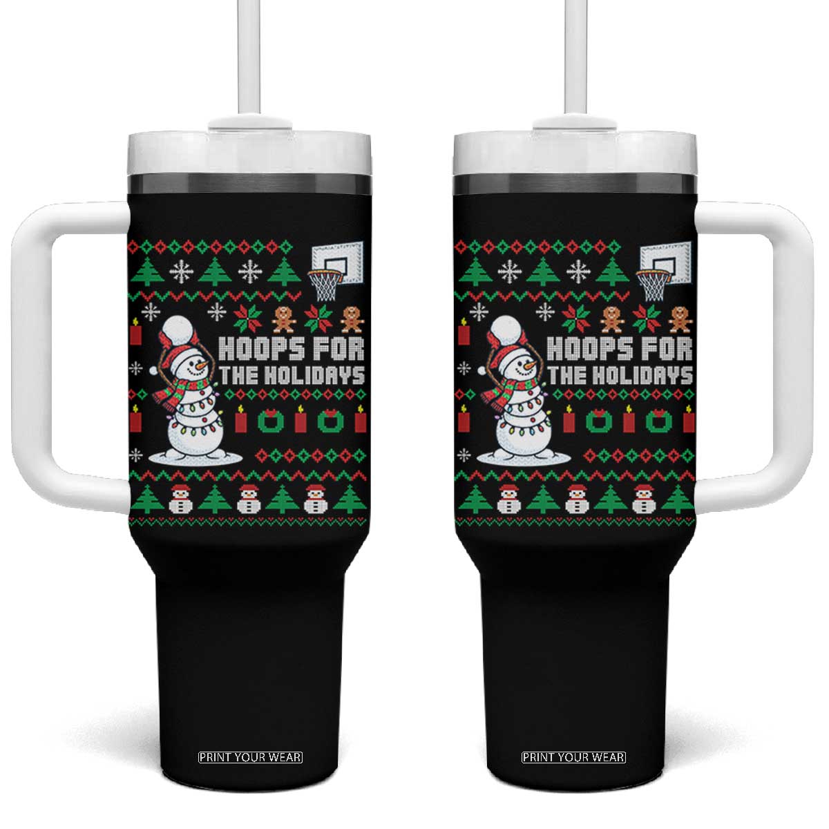 Funny Christmas Basketball Snowmen Tumbler With Handle Hoops For The Holidays Ugly Sweater TS12 One Size: 40 oz Black Print Your Wear