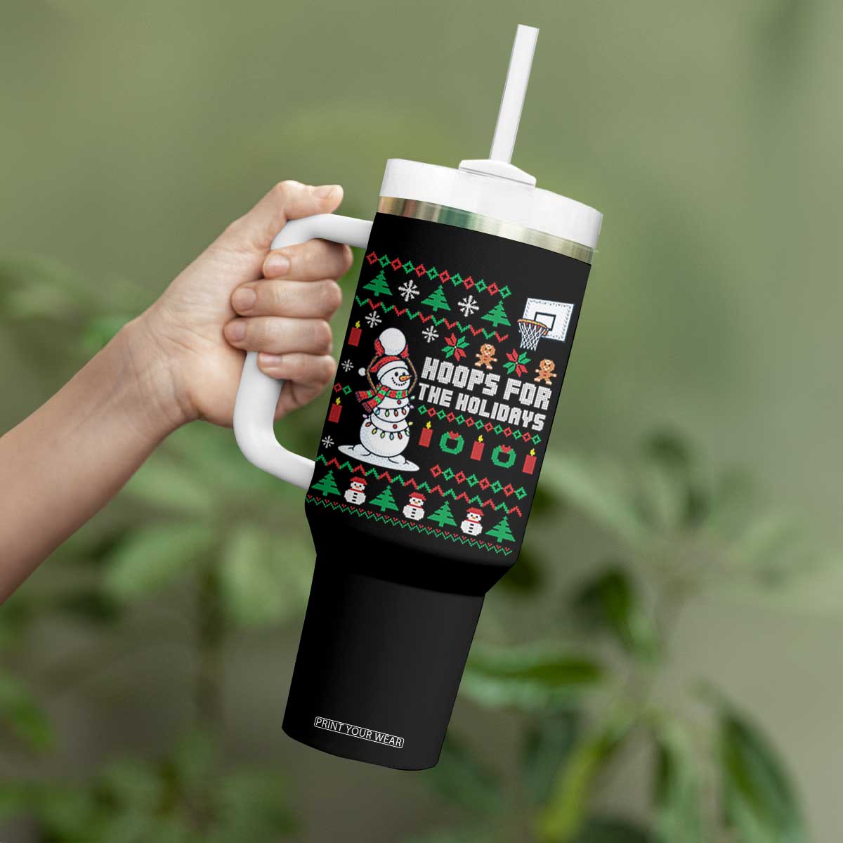 Funny Christmas Basketball Snowmen Tumbler With Handle Hoops For The Holidays Ugly Sweater TS12 Print Your Wear