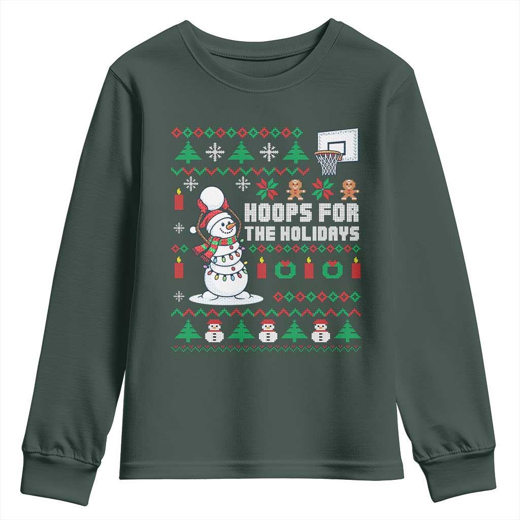 Funny Christmas Basketball Snowmen Youth Sweatshirt Hoops For The Holidays Ugly Sweater TS12 Dark Forest Green Print Your Wear