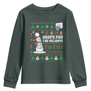 Funny Christmas Basketball Snowmen Youth Sweatshirt Hoops For The Holidays Ugly Sweater TS12 Dark Forest Green Print Your Wear