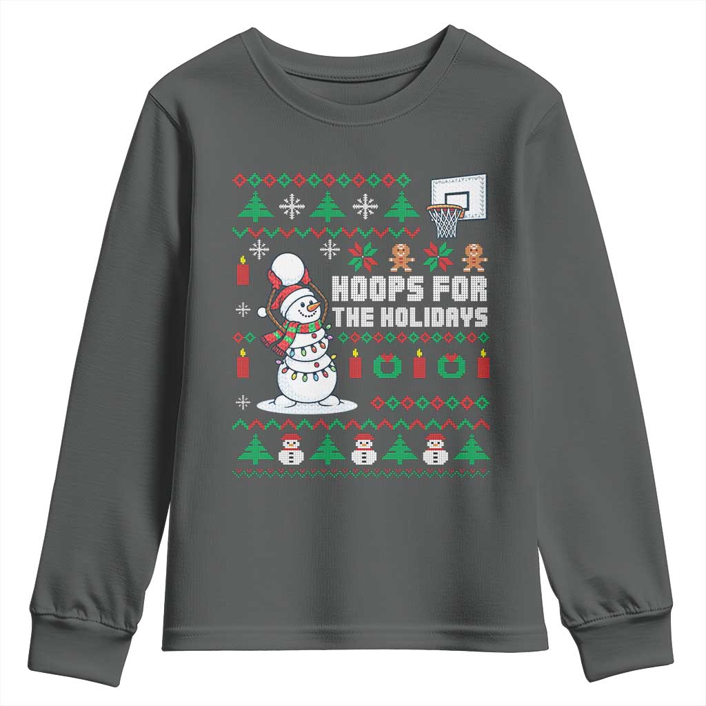 Funny Christmas Basketball Snowmen Youth Sweatshirt Hoops For The Holidays Ugly Sweater TS12 Dark Heather Print Your Wear