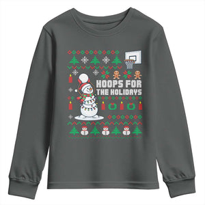 Funny Christmas Basketball Snowmen Youth Sweatshirt Hoops For The Holidays Ugly Sweater TS12 Dark Heather Print Your Wear