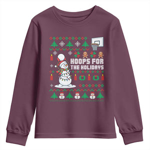 Funny Christmas Basketball Snowmen Youth Sweatshirt Hoops For The Holidays Ugly Sweater TS12 Maroon Print Your Wear