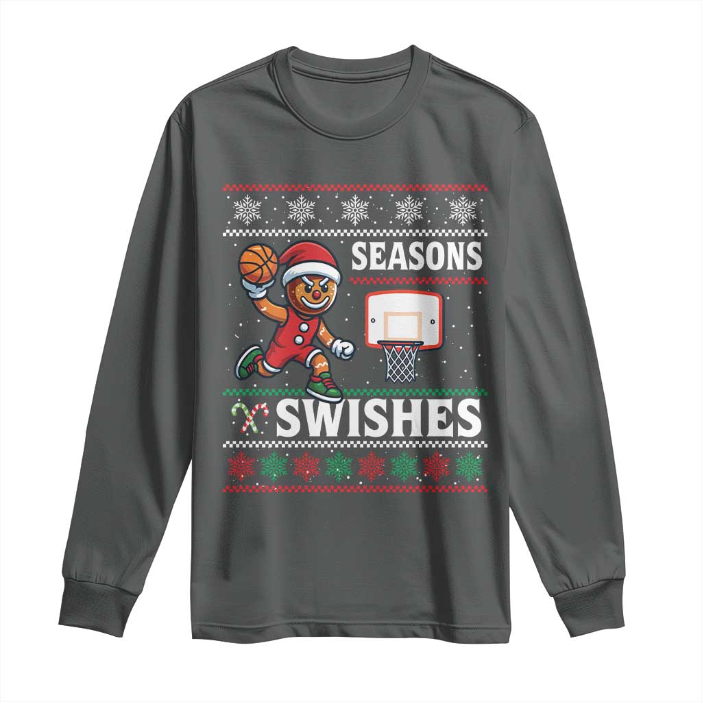 Seasons Swishes Long Sleeve Shirt Funny Gingerbread Basketball Christmas Gift TS12 Dark Heather Print Your Wear