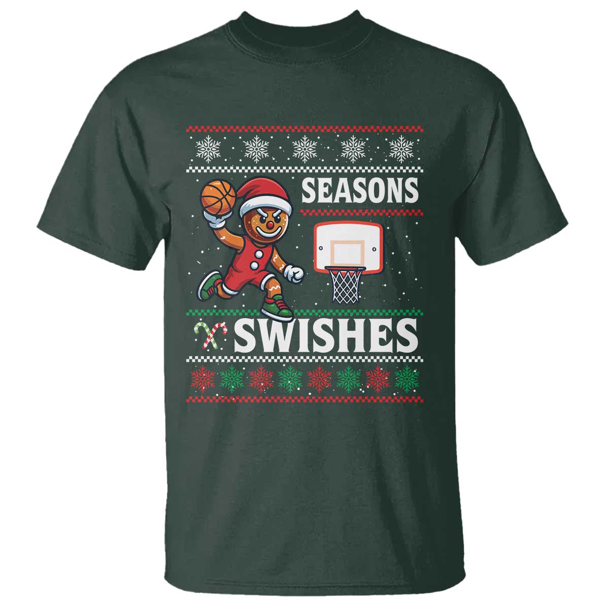 Seasons Swishes T Shirt Funny Gingerbread Basketball Christmas Gift TS12 Dark Forest Green Print Your Wear