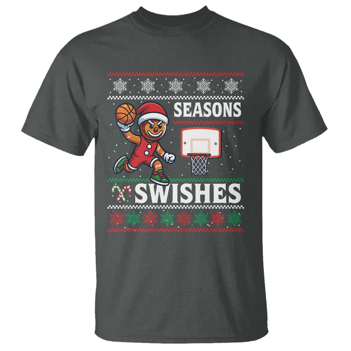 Seasons Swishes T Shirt Funny Gingerbread Basketball Christmas Gift TS12 Dark Heather Print Your Wear