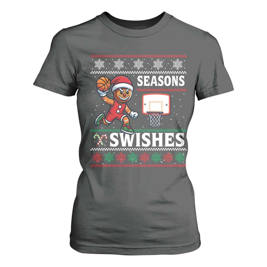 Seasons Swishes T Shirt For Women Funny Gingerbread Basketball Christmas Gift TS12 Dark Heather Print Your Wear