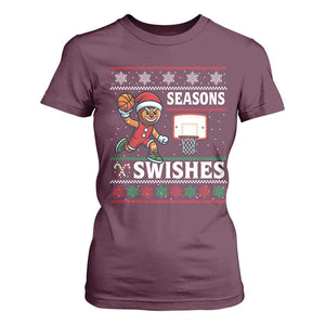 Seasons Swishes T Shirt For Women Funny Gingerbread Basketball Christmas Gift TS12 Maroon Print Your Wear