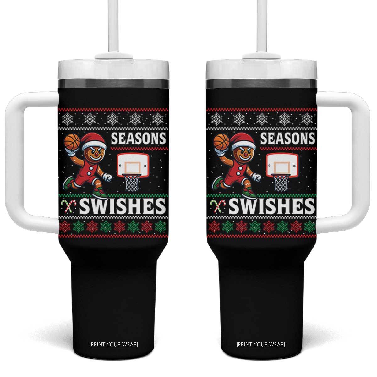 Seasons Swishes Tumbler With Handle Funny Gingerbread Basketball Christmas Gift TS12 One Size: 40 oz Black Print Your Wear