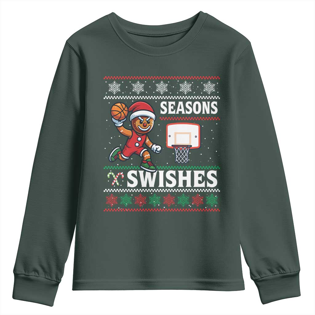 Seasons Swishes Youth Sweatshirt Funny Gingerbread Basketball Christmas Gift TS12 Dark Forest Green Print Your Wear