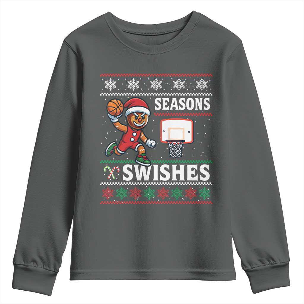 Seasons Swishes Youth Sweatshirt Funny Gingerbread Basketball Christmas Gift TS12 Dark Heather Print Your Wear