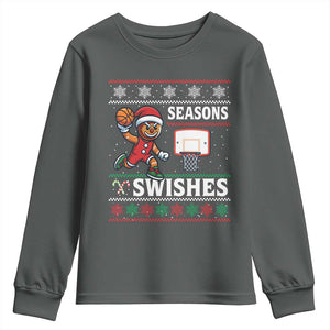Seasons Swishes Youth Sweatshirt Funny Gingerbread Basketball Christmas Gift TS12 Dark Heather Print Your Wear
