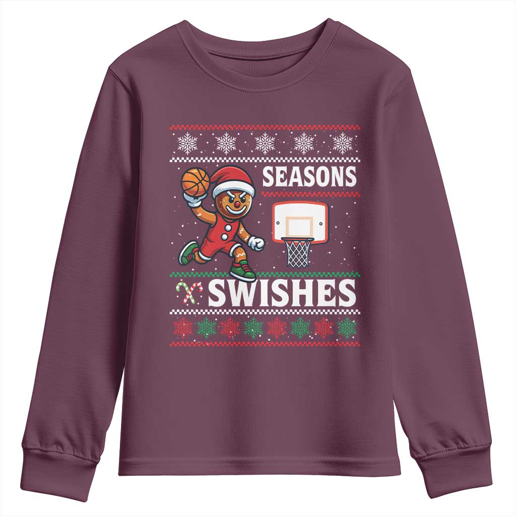 Seasons Swishes Youth Sweatshirt Funny Gingerbread Basketball Christmas Gift TS12 Maroon Print Your Wear