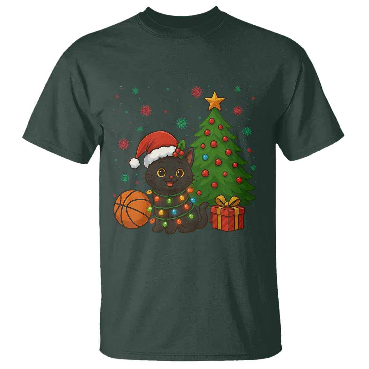 Funny Christmas Black Cat T Shirt Gift For Cat Lover TS12 Dark Forest Green Print Your Wear
