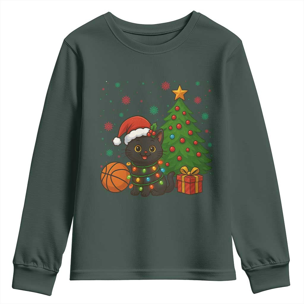 Funny Christmas Black Cat Youth Sweatshirt Gift For Cat Lover TS12 Dark Forest Green Print Your Wear