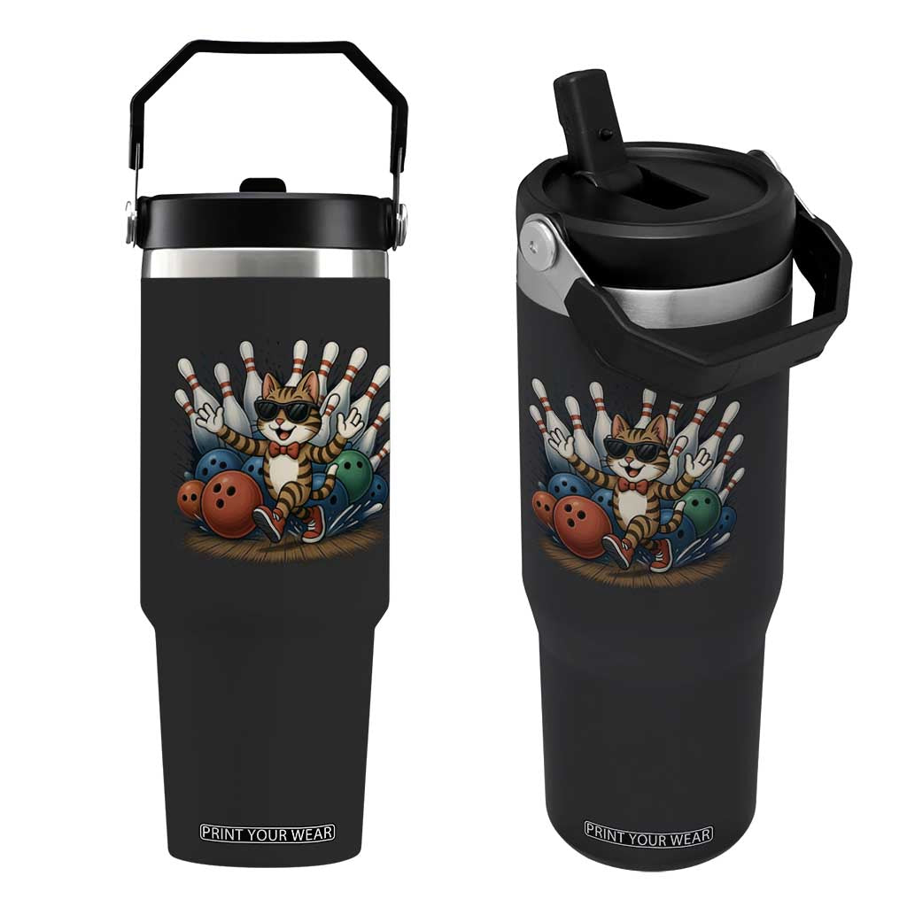 Funny Bowler Gift Flip Straw Tumbler Bowling Cat With Sunglasses TS12 One Size: 30 oz Black Print Your Wear