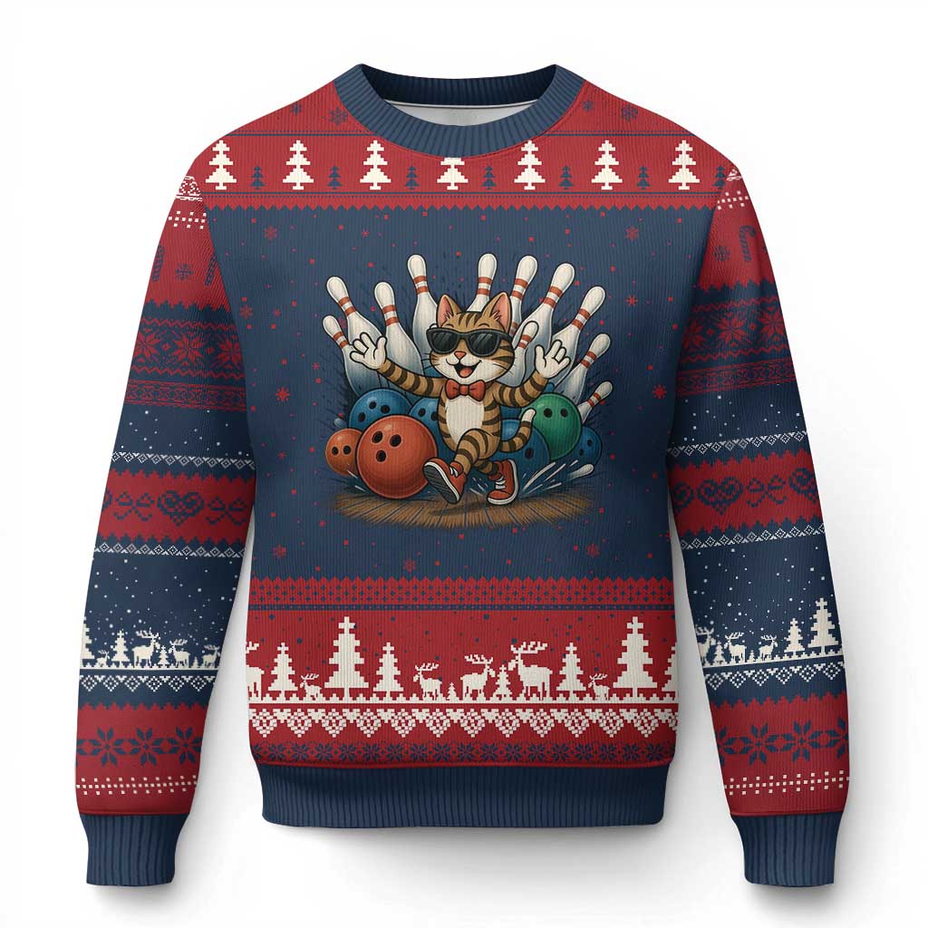 Funny Bowler Gift Ugly Christmas Sweater Bowling Cat With Sunglasses TS12 Navy Red Print Your Wear