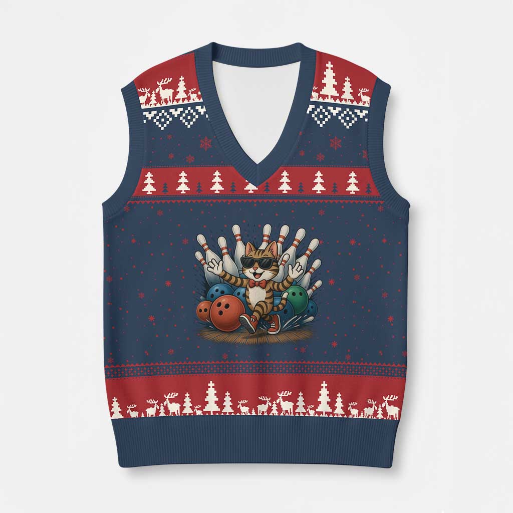 Funny Bowler Gift V-Neck Knit Sweater Vest Bowling Cat With Sunglasses TS12 Navy Red Print Your Wear